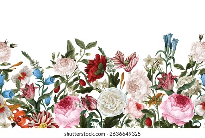 Border pattern with oil painting rococo still-lifes flowers. Vector