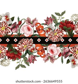 Border pattern with oil painting rococo still-lifes flowers. Vector
