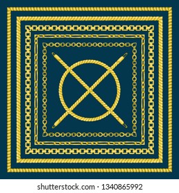 Border pattern with retro hand-drawn sketch golden chain on dark background. Drawing engraving texture. Great design for fashion, textile, decorative frame, yacht style card. Vector illustration