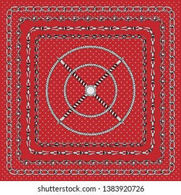 Border pattern with retro hand-drawn sketch silver chain on dark background. Drawing print for scarf or bandana Great design for fashion, textile, decorative frame, card in marine yacht style