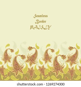 Border pattern or texture with paisley beige  olive orange brown on light for decoration clothes textile or wallpaper in Asian Arabic Indian Turkish Persian Eastern style 