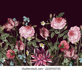 Border pattern with vintage flowers, such as roses, tulips. Vector