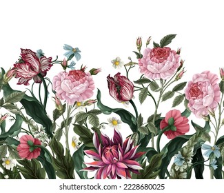 Border pattern with vintage flowers, such as roses, tulips. Vector