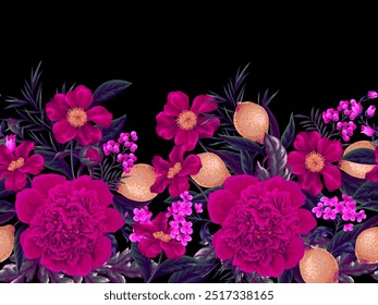 Border with peonies, lemons and other flowers. Vector