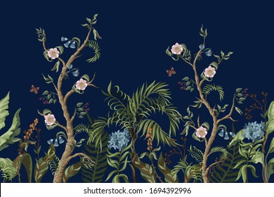 Borde de arbustos peones, palmeras y flores de estilo chinoiserie. Vector.