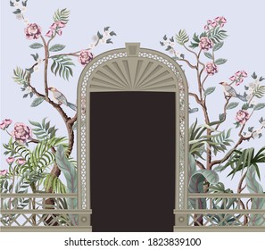 Border with peonyl trees, bird and door openings in chinoiserie style. Trendy interior print.