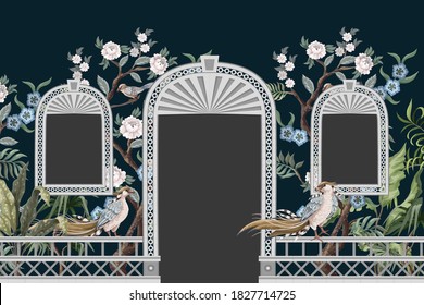 Borde con árboles de peonil, aberturas de pájaros y puertas en estilo chinoiserie. Impresión interior de diseño.