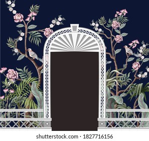 Borde con árboles de peonil, aberturas de pájaros y puertas en estilo chinoiserie. Impresión interior de diseño.