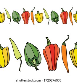 Borde de frutas de pimienta. Pimienta multicolor. Bordes de fondo blanco. Para el diseño de tejidos, embalaje, papel pintado y grabado.