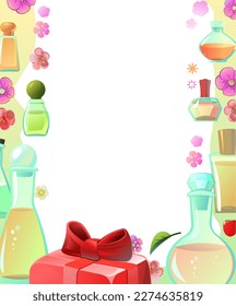 Border Perfumes and scents along edge of image. Fragrant aromatic liquid in glass container. Fragrance for women and men. Isolated on white background. Vector.