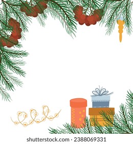 Border of pine and fir branches with rowan berries and New Year's gifts in the corner illustration for the design of a postcard or banner, sign. Modern design for holiday invitation card, poster