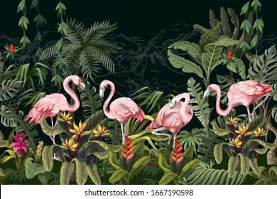 Border with pink flamingo in the jungle. Vector.