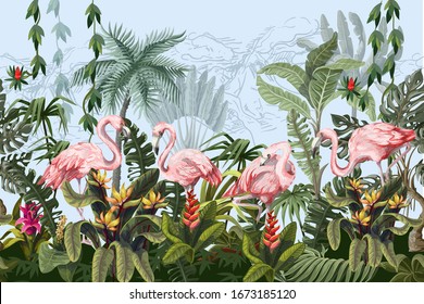 Border with pink flamingo in the jungle. Vector.