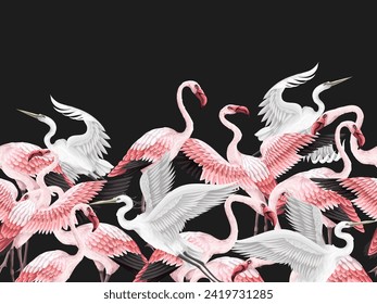 Border with pink flamingos and white herons. Vector