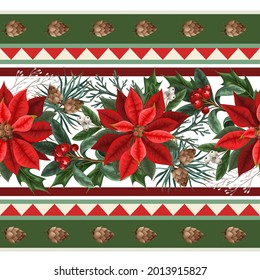 Border with poinsettia, pines and hollyberries. Christmas background