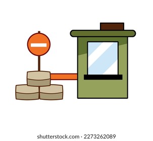 Border post. Checkpoint. Fortified building of military base. Wall of sandbags. Flat cartoon isolated on white background