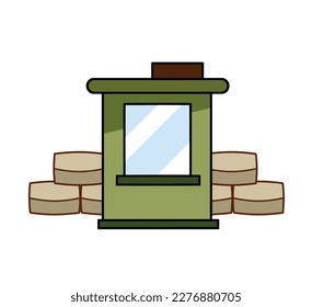 Border post. Checkpoint. Fortified building of military base. Wall of sandbags. Flat cartoon isolated on white background