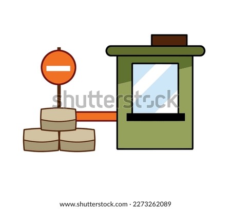 Border post. Checkpoint. Fortified building of military base. Wall of sandbags. Flat cartoon isolated on white background