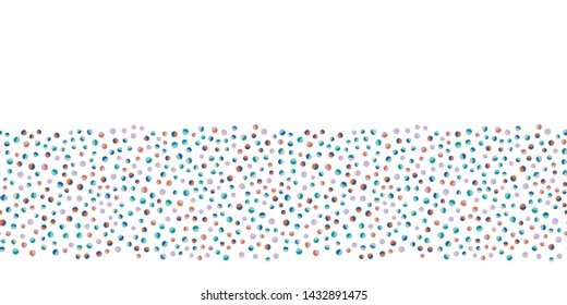 Border print.  Scattered random playful fun polka dot circle. Seamless Repeat Vector Pattern Swatch. Great for kids decor. Blue, Orange, Teal, Pink, Lavender. 