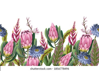 Border with proteas flowers. Trendy floral vector print