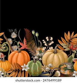 Border with pumpkins and autumn elements. Vector