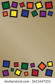 A border of randomly placed colorful squares outlined in bold black on top of a light beige