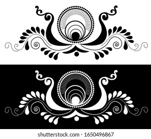 Border Rangoli design concept of Peacock with feathers, flower petals, circles and spirals is in black and white background