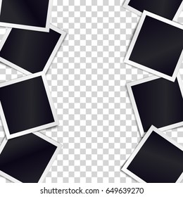 Border of realistic black photo frames on transparent background. Template for design. Vector illustration