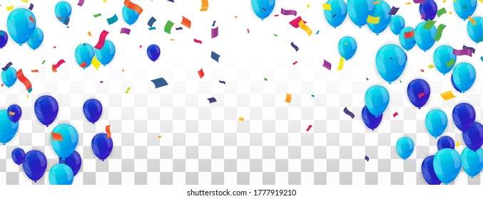 Border of realistic colorful helium balloons isolated on background. Party decoration frame for birthday, anniversary