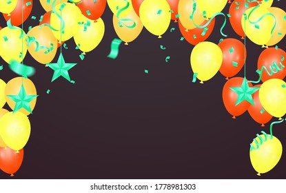 Border of realistic colorful helium balloons isolated on background. Party decoration frame for birthday, anniversary