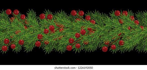 Border of realistic looking Christmas tree branches decorated with Berries for 
Christmas and New Year, holiday decoration isolated on black background. Vector illustration.