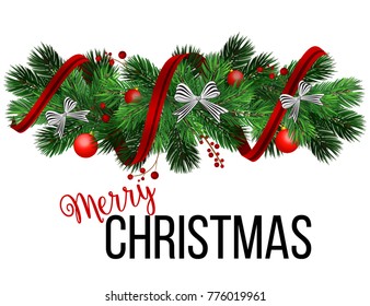 Border of realistic looking Christmas tree fir branches. Fir needles garland, frame with streamers, striped bow, string, red ball and berry. Great for New year cards, banners, headers, party posters.