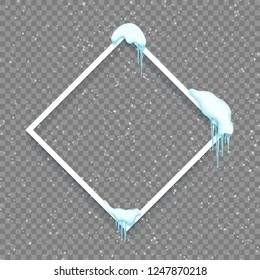 Border with realistic snow and icicles. Beautiful winter template for merry christmas. Vector illustration.