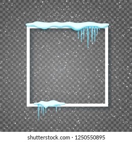 Border with realistic snow and icicles. Beautiful winter template for merry christmas. Vector illustration.