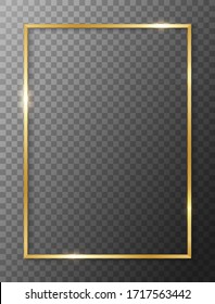 Border rectangle gold. Golden frame boarder. Gold vertical boarder. Shiny glowing realistic rectangle border isolated on background. Luxury golden frame. Design rectangular frame with shadow. Vector