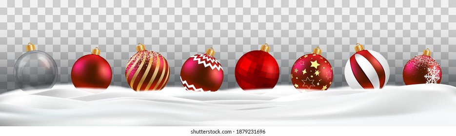 Borde con bolas rojas aisladas en el fondo de la nieve. Cartel decorativo de Navidad. Textura de decoración de nieve navideña. 3d decoración de invierno, diseño de vacaciones. Deslizamientos y tapas de nieve - vector de existencias