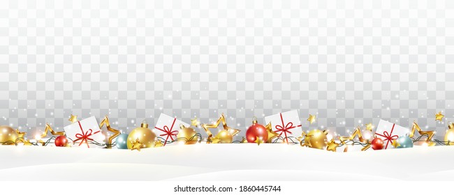 Border with red balls, stars and lights isolated on transparent background. Decorative xmas seamless banner. Vector Christmas garland, gift boxes and snow decoration pattern