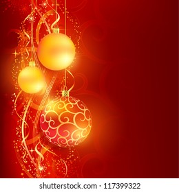 Border with red and golden Christmas balls hanging over a red, golden wavy pattern with stars and snow flakes on a dark red background. Bright, vivid and festive for the Christmas season to come.