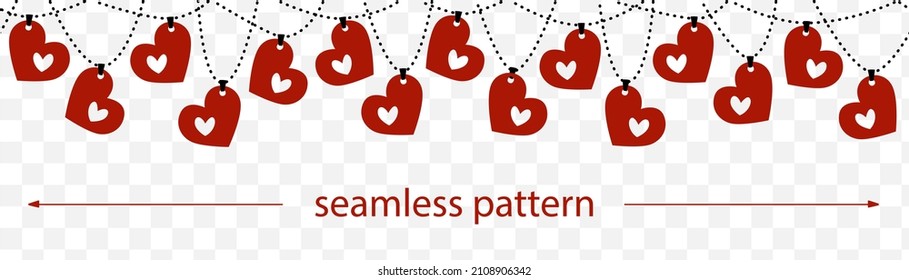 Border red hearts on chain. Transparent background Valentine's Day banner. Seamless pattern. Vector illustration.
