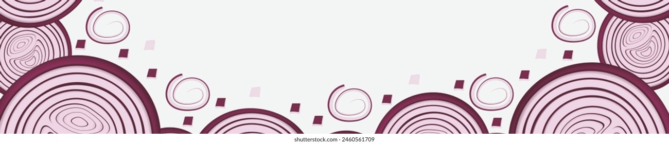 Border of red onion sliced with rings. Onion frame