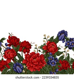 Border with red peonies and small flowers. Vector