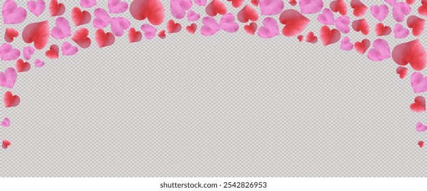 Border of red, pink hearts isolated on transparent background. Vector illustration. Hearts in watercolor style for Valentine's Day.