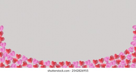 Border of red, pink hearts isolated on transparent background. Vector illustration. Hearts in watercolor style for Valentine's Day.