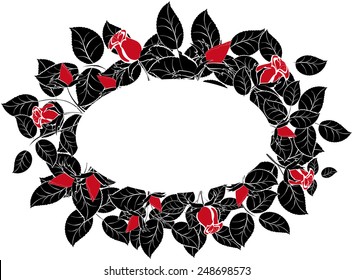 Border of red roses and black leaves in the form of a circle. EPS10 vector illustration.