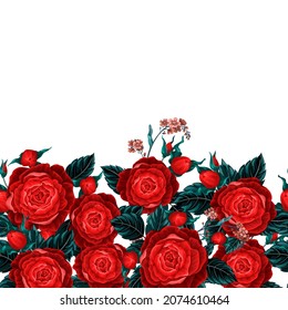 Border with red roses and leaves. Textile vector print.