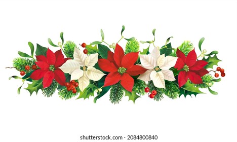 Border with red and white poinsettia, fir and holly branches. Floral Christmas decoration. Isolated on white. Vector illustration. 