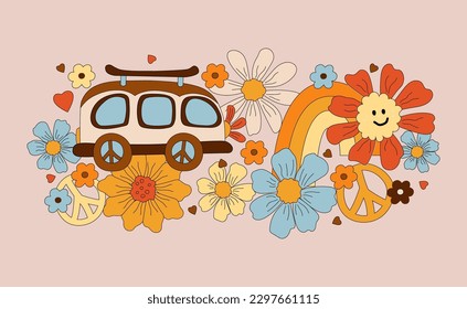 Border with retro car, daisy flowers and rainbow for groovy party, birthday invitation, flyer, retro poster. Groovy vibes. Vector illustration isolated on background.