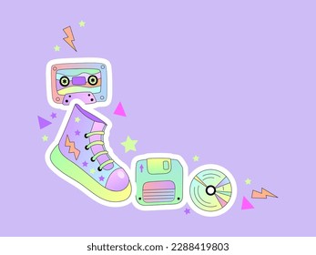 Border with retro objects for invitation, poster, banner, disco party. 90s vibes. Vector illustration.