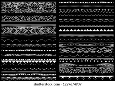 Border, ribbon, brush line set. Seamless borders, brushes. Vector abstract doodle patterns, ornaments. Frame decorative design elements.