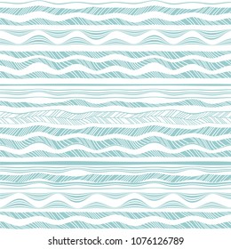 Border, ribbon, brush stroke set. Vector seamless doodle isolated wavy lines borders. White and blue endless waves background.